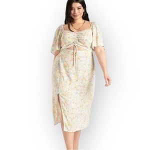 Eloquii Size 22 Floral Dress With Cinched Front,Small Slit,A-Line Short Sleeve